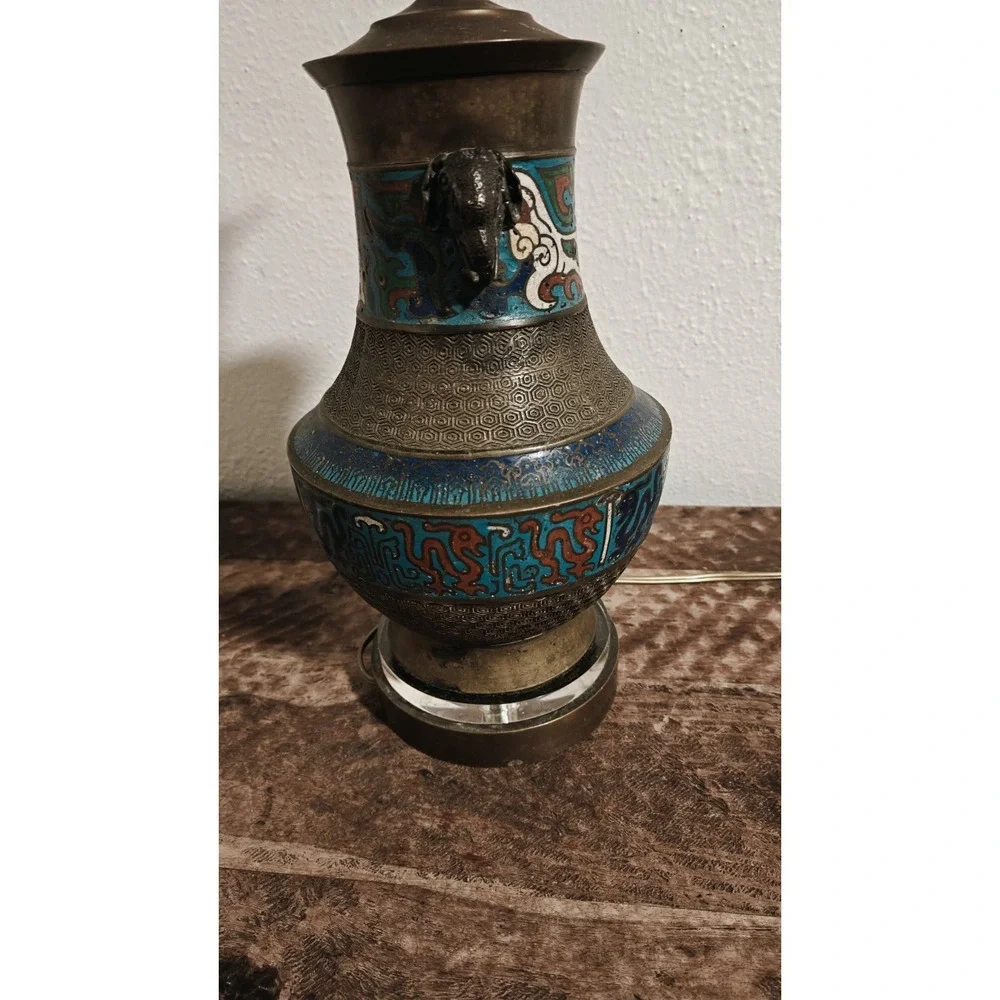 Vintage Japanese Champleve Bronze Enamel Cloisonne Table Lamp Works!